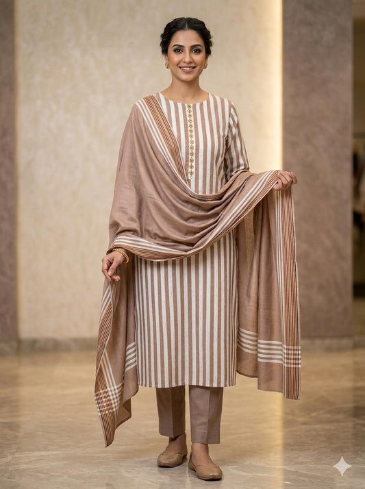 Soft Khaadi Cotton Jacquard 3Pc Dress [Beige]