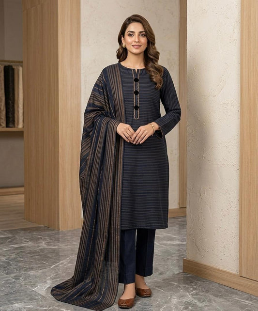 Soft Khaadi Cotton Jacquard 3Pc Dress [ Dark Navy Blue]
