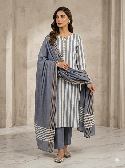 Soft Khaadi Cotton Jacquard 3Pc Dress [steel grey]