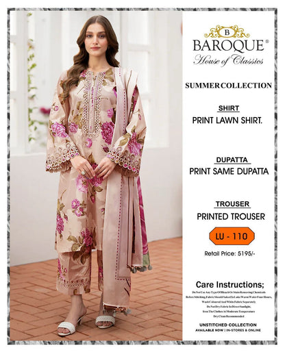 3Pc Baroque Swiss Lawn Printed [RC 990]