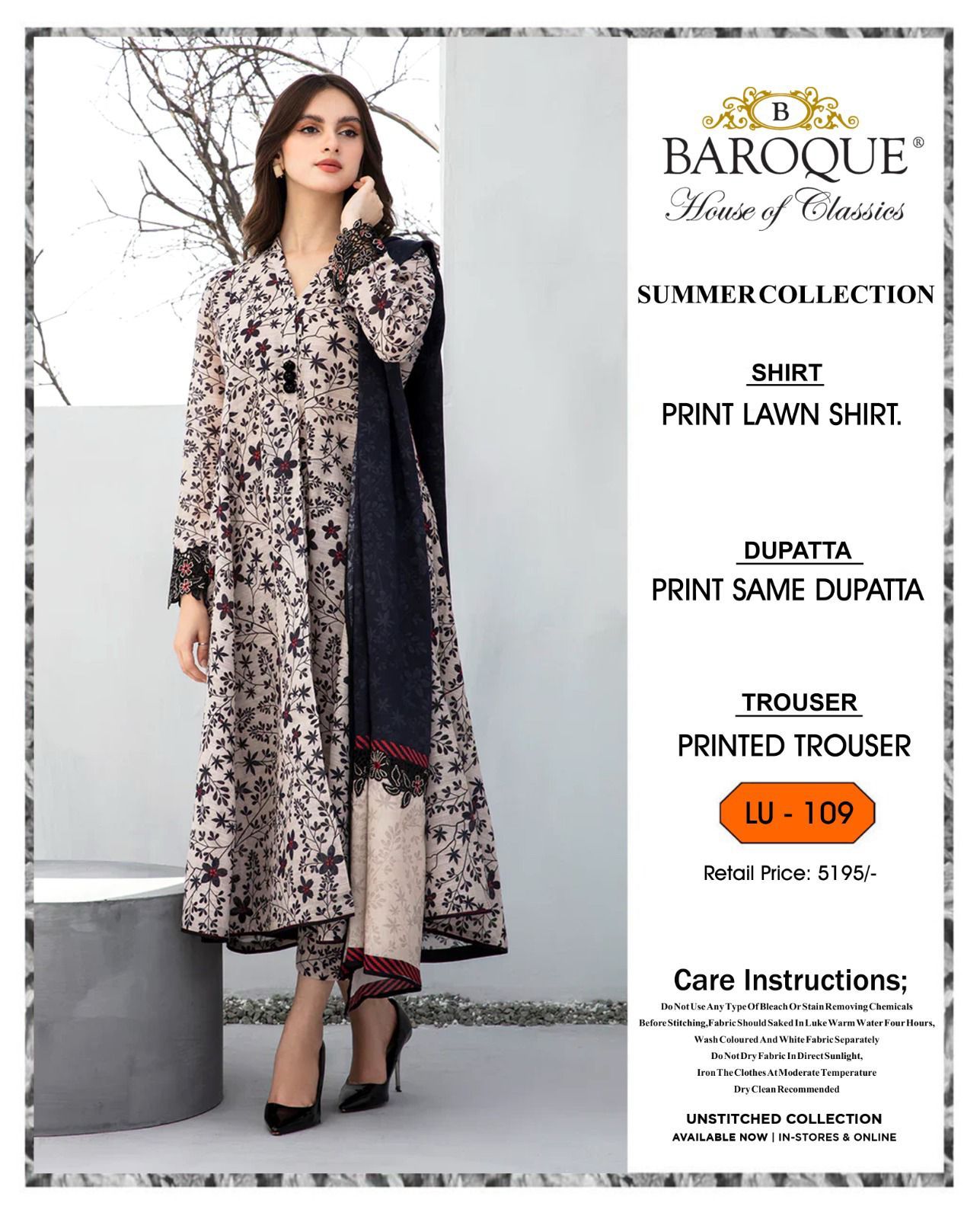 3Pc Baroque Swiss Lawn Printed [RC 660]